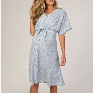 PinkBlush Blue Printed V-Neck Drop Shoulder Maternity Dress